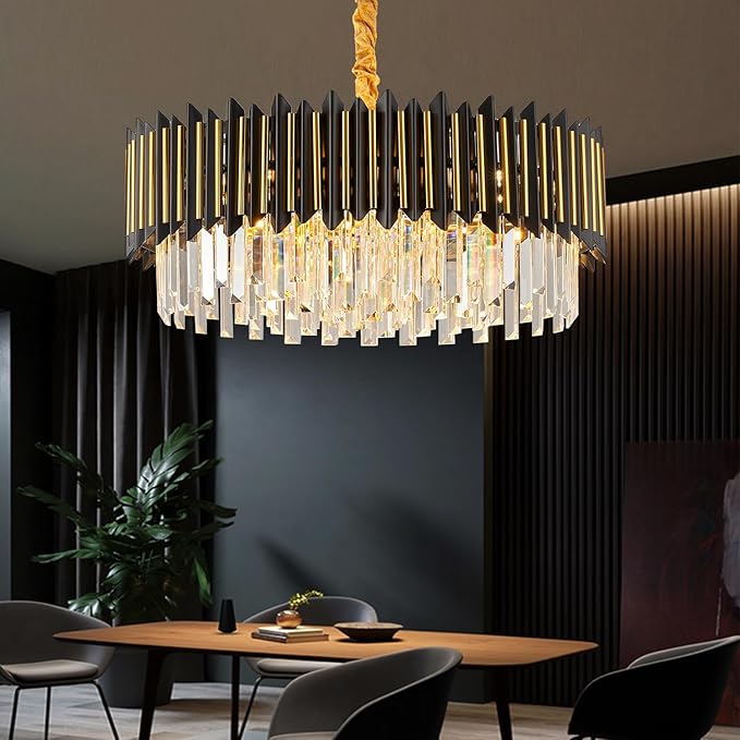 Black and Gold Chandelier 3-Tier Modern Large Crystal Chandelier Semi Flush Mount Chandelier Light Round Ceiling Light Fixture Ceiling Lamp Modern Chandelier for Dining room Living Room Kitchen