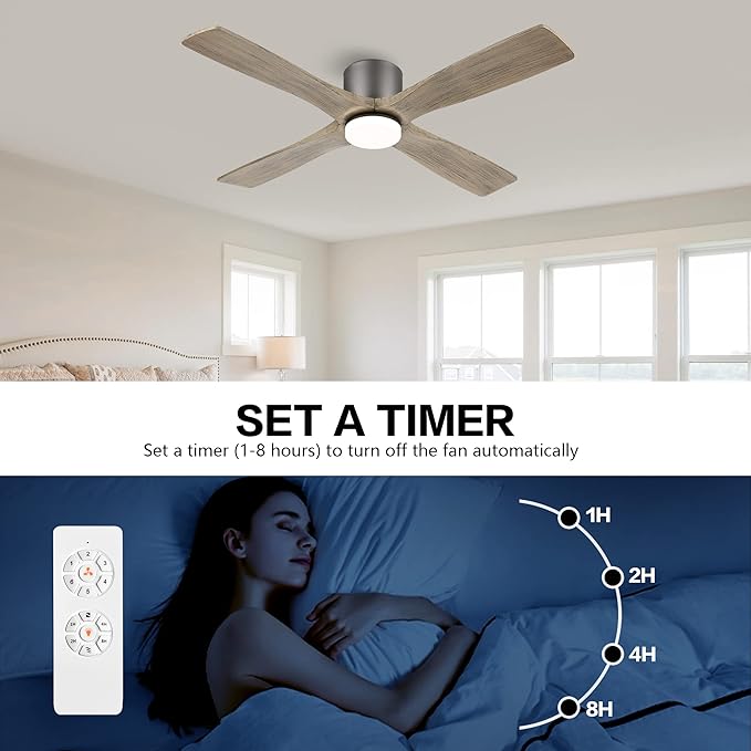 WINGBO 48 Inch Flush Mount DC Ceiling Fan with Lights and Remote, 4 Reversible Carved Wood Blades, 6-Speed Noiseless DC Motor, Hugger Ceiling Fan in Graphite Finish with Gray Blades