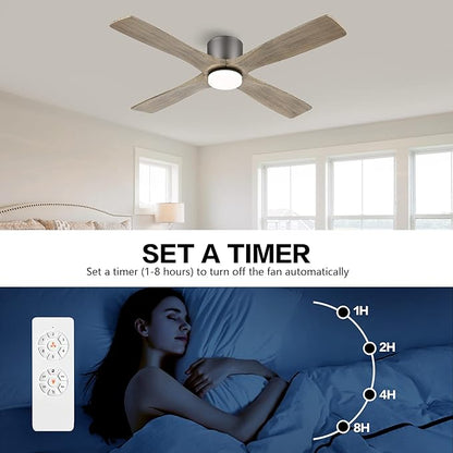 WINGBO 48 Inch Flush Mount DC Ceiling Fan with Lights and Remote, 4 Reversible Carved Wood Blades, 6-Speed Noiseless DC Motor, Hugger Ceiling Fan in Graphite Finish with Gray Blades