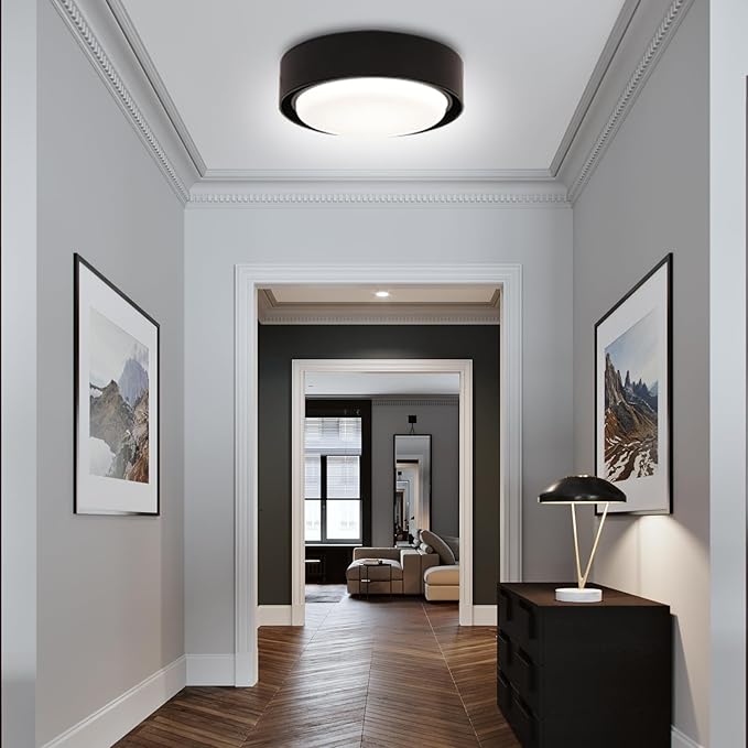 Black Flush Mount Ceiling Light, 12 Inch LED Metal Light Fixture, 3000K 4000K 5000K Dimmable Modern Lighting Fixture Ceiling for Bedroom Hallway Kitchen Bathroom