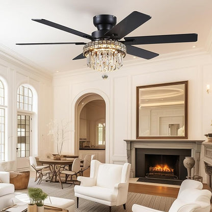 Asyko Chandelier Ceiling Fan -52" Crystal Ceiling Fan- Fandelier Fan Light Black with Remote, Reversible Motor, Dual-Sided 6 Blades, 3 Speed, Timer, Indoor Outdoor Fans, Living Room, Dining Room