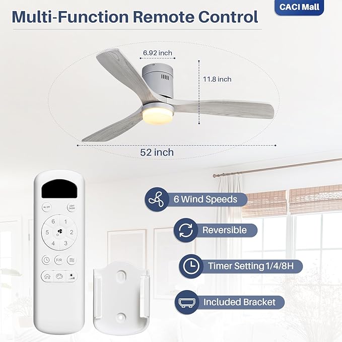 CACI Mall 52 Inch Wood Flush Mount Ceiling Fan with Lights, 3 Blades, Low Profile, Modern, 3CCT, Dimmable, Noiseless, Remote Contral, Outdoor Indoor Ceiling Fans for Bedroom/Farmhouse/Patio