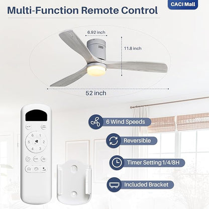 CACI Mall 52 Inch Wood Flush Mount Ceiling Fan with Lights, 3 Blades, Low Profile, Modern, 3CCT, Dimmable, Noiseless, Remote Contral, Outdoor Indoor Ceiling Fans for Bedroom/Farmhouse/Patio