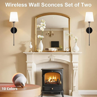 IRONPAX Wall Sconces Battery Operated Set of 2, Wireless Rechargeable Wall Sconce Set of Two, Dimmable Wall Lights with Remote for Bedroom Living Room Hallway Decor (Black, Fabric Shade)