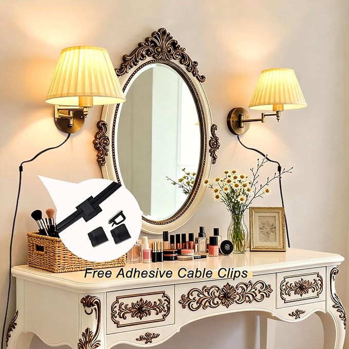 Indoor Wall Sconce Plug in Swing Arm Wall Lamp Bronze Wall Light Fixtures with Beige Fabric Shade Bedside Lights for Bedroom Hallway Study Room Living Room Reading Light