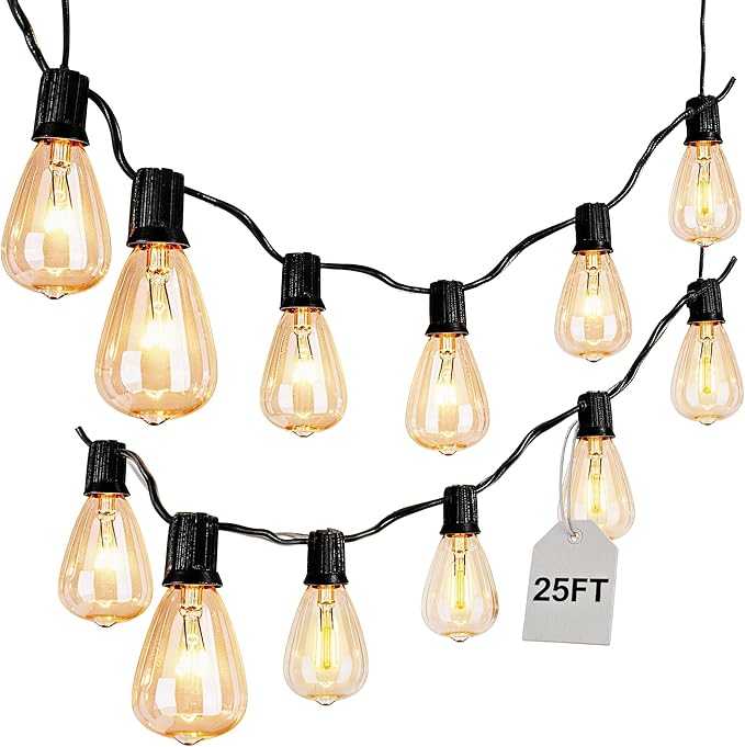 Elevon Led Light Bulb Outdoor String Lights 25 Ft, Waterproof Christmas Lights Patio ST38 Vintage Edison Bulbs (1 Spare), Outside Warm White Hanging Shatterproof Light Waterproof