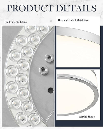 LMS 15 Inch LED Flush Mount Ceiling Light, 24W Modern Brushed Nickel Ceiling Lamp, 3CCT 3000K/4000K/5000K, Dimmable, Bathroom, Bedroom, LMS-054BN