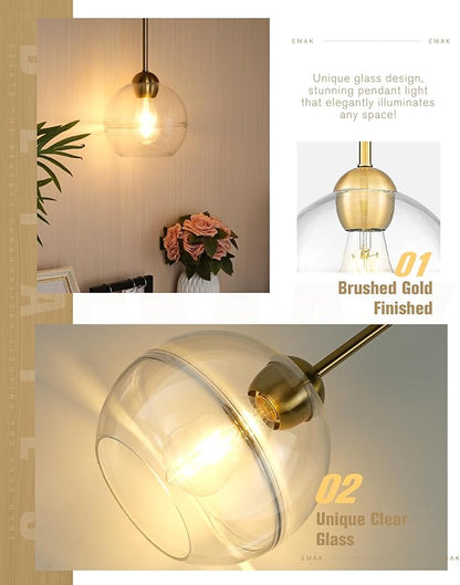 Emak 8 Inch Globe Pendant Lights Kitchen Island, Brushed Gold Pendant Light Fixtures with Clear Glass Shade, Modern Island Lights for Kitchen, Dining Room, Bathroom, PL121-BGD-AG
