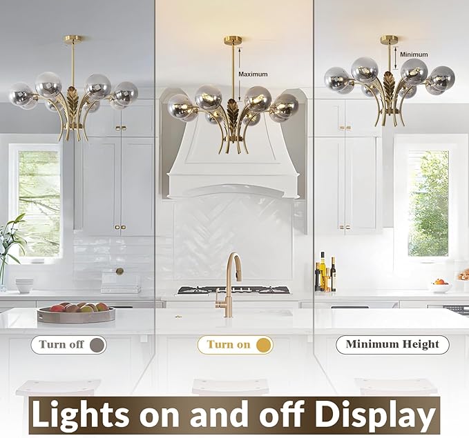 BOKT Gold Sputnik Mid Century Chandelier Modern Slop Ceiling Light Fixture Adjustable Height Kitchen Lights Hanging Smoked Gray Glass Globe Lampshade for Living Room Bedroom Bulb Included