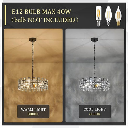 CATINER Black Crystal Semi Flush Mount Ceiling Light, 18'' Modern 6-Light Chandelier with G9 Base, Adjustable Crystal Ceiling Light Fixture for Dining Room, Bedroom, Entryway, Kitchen Island