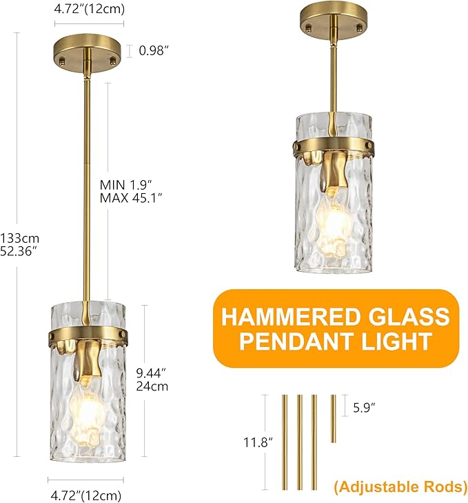 2 Pack Brushed Gold Pendant Lights Kitchen Island, Hammered Glass Pendant Lighting Over Island, Kitchen Hanging Light Fixtures Pendant Light Over Sink for Kitchen Entryway Foyer Dining Room