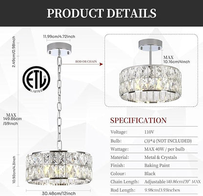 Modern Small Crystal Chandelier, 4-Light Round Pendant with Chrome Finish, Semi-Flush Mount Ceiling Light, 12" Diameter, Chrome Chandelier for Dining Areas, Kitchens & Hallways
