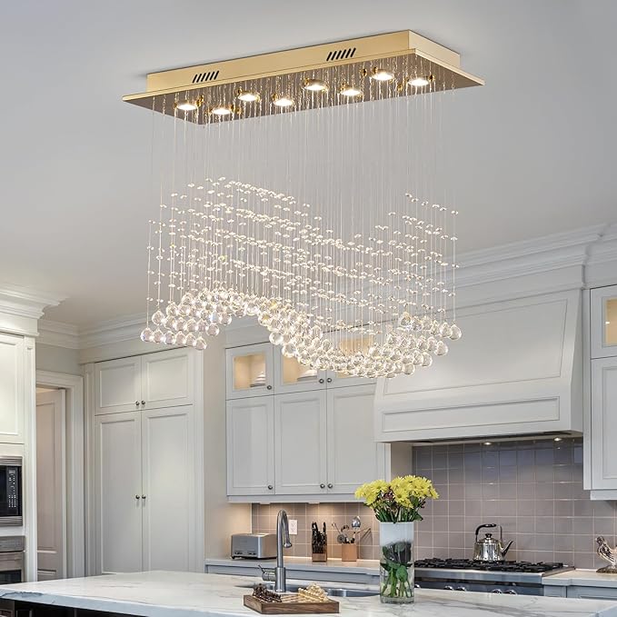Siljoy Rectangular Gold Crystal Chandelier for Dining Room, 8-Light Modern Wave Raindrop Crystal Chandelier for Living Room Kitchen Island L31.5'' x W11.8'' x H32.2''