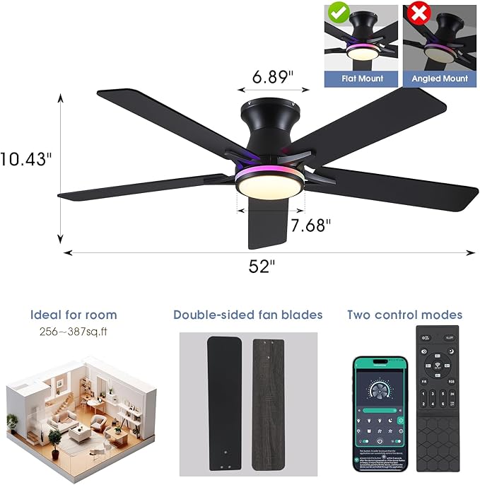 52" RGB Ceiling Fans with Lights and Remote/APP,Black Low Profile Ceiling Fans,Modern Flush Mount Ceiling Fans for Bedroom Kids Room