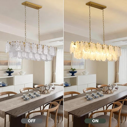 Modern Rectangle Glass Chandelier, 43.31 Inch Gold Luxury Crystal Pendant Light, 12-Light Oval Cloud-Shaped Fixture for Island Lights Dining Room, Living Room, E12 Socket