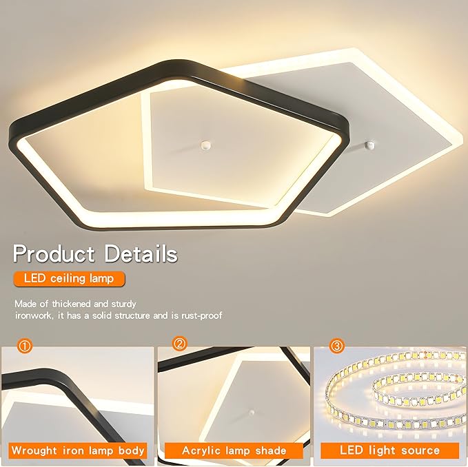 Shine LUEST Modern LED Ceiling Light Fixture Dimmable Black Flush Mount Ceiling Light 20.08" Bedroom Ceiling Lamp with Remote Control Pentagonal Ceiling Light for Kitchen,Entryway,Balcony,Wardrobe