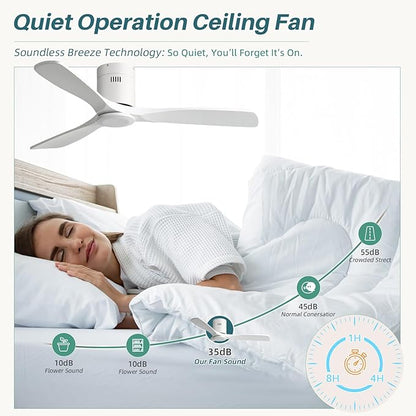 CACI Mall 52 Inch Smart Ceiling Fan without Light, Flush Mount, 3 Blades Solid Wood, Low Profile, Modern, Outdoor/Indoor Ceiling Fans No Light for Bedroom/Farmhouse/Patio