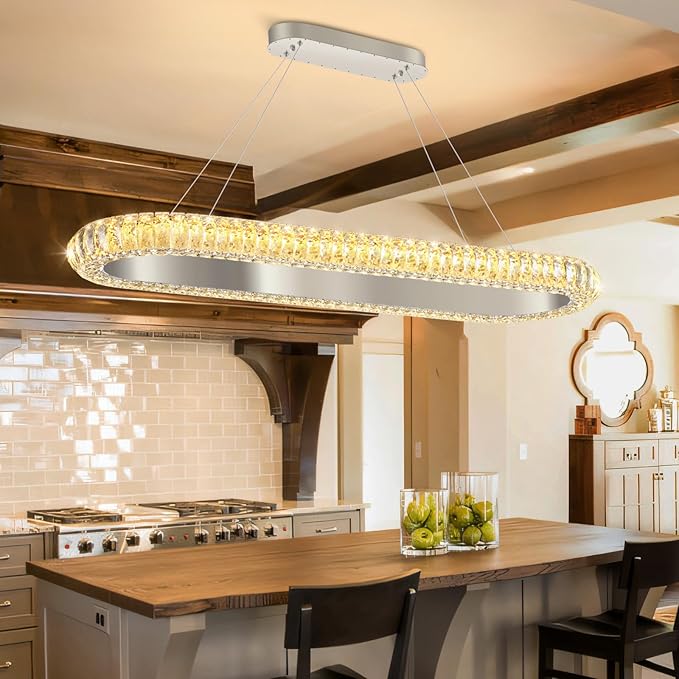 40'' Oval Ring Crystal Chandelier Modern LED Dimmable Ring Pendant Light Chandelier for Dining Room Living Room Silver
