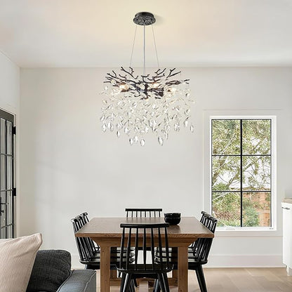 Modern Tree Branch Crystal Chandelier 18" Black Luxury Large Pendant Lighting 6-Light Contemporary K9 Crystal Chandeliers for Dining Room Kitchen Living Room Foyer Entryway (Black, D18-Round)