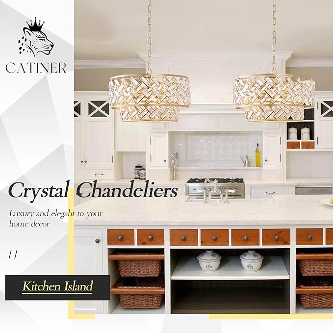 CATINER 20'' Modern Gold Crystal Chandelier Luxury Semi Flush Mount Ceiling Light Fixtures 6-Lights Round Crystal Pendant Chandelier for Dining Room Foyer Living Room Bedroom