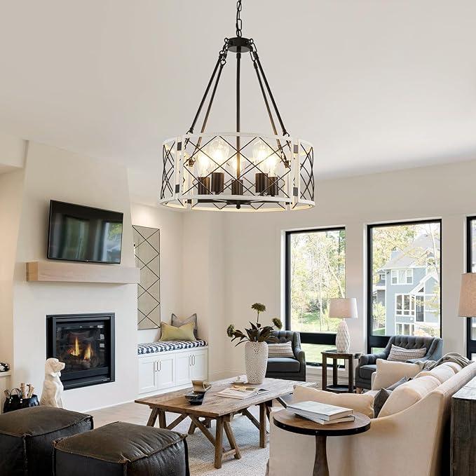 21'' Farmhouse Chandelier, 5-Light Black & Vintage White Dining Room Light Fixture Over Table, Rustic Industrial Drum Hanging Pendant Lights for Kitchen Island Living Room Bedroom Hallway Entryway