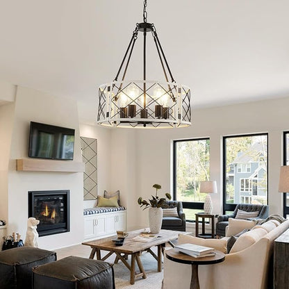 21'' Farmhouse Chandelier, 5-Light Black & Vintage White Dining Room Light Fixture Over Table, Rustic Industrial Drum Hanging Pendant Lights for Kitchen Island Living Room Bedroom Hallway Entryway
