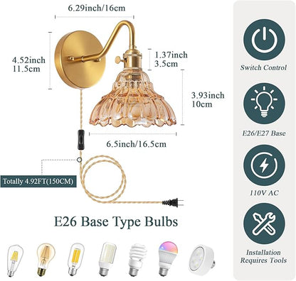 Plug-in Wall Sconce (Set of 2), Vintage Wall Decorative Lamp with Amber Glass Shade, Indoor Brass Plug-in Wall Sconce for Bedroom, Living Room, Bathroom, Hallway