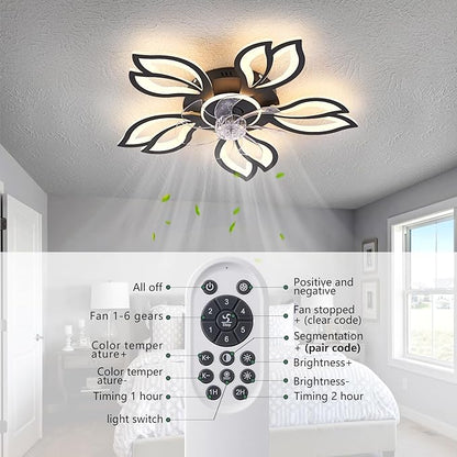 Modern Ceiling Fans with Lights, Low Profile Ceiling Fan with Remote for Bedroom, Flush Mount Ceiling Fan with LED Dimmable Light,3-Colors, 6-Speeds, Timing CeilingFan Light-Black Leaves