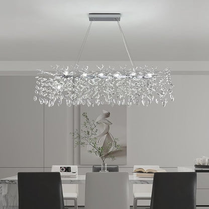 Modern Rectangle Crystal Tree Branch Chandelier, L47.3'' Large Silver Linear Raindrop Indoor Hanging Pendant Light Fixture for Kitchen Island Foyer Living Room Dining Room 14 Lights