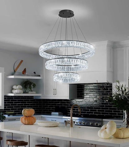 HAIXIANG Modern Glam Chandelier Crystal LED Remote Rings Chandelier Adjustable Hanging Ceilings Pendant Lights Fixture Black 8"+16"+24" Rings Lighting