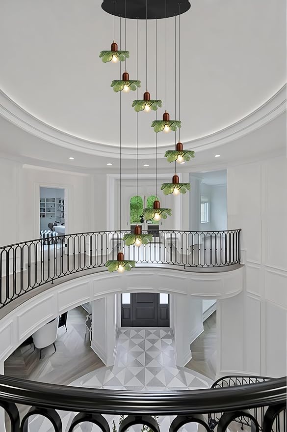 9-Light Green Glass Chandelier for High Ceilings, Vintage Black Hanging Pendant Light Over Kitchen Island, Dining Table, Villa Foyer, Long Ceiling Lighting Fixture