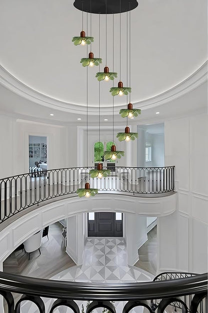 9-Light Green Glass Chandelier for High Ceilings, Vintage Black Hanging Pendant Light Over Kitchen Island, Dining Table, Villa Foyer, Long Ceiling Lighting Fixture