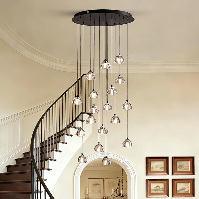 SNZ Modern Crystal Chandelier for Staircases, 18-Light High Ceiling Chandelier, 118" Long Adjustable Ceiling Light for Entrance, Large Chandeliers for High Ceilings, Hallway Entryway