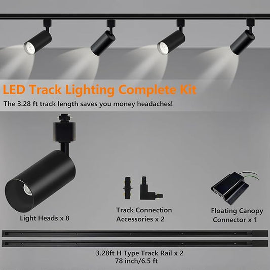 Black GU10 LED Track Lighting Kit, GU10 Track Light Heads with 2 * 3.28FT H Track Light Rail 8PCS Ceiling Spotlight Fixture for Home and Shop, No Bulbs