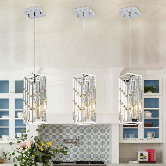 CATINER Chrome Crystal Pendant Lights 3 Pack, Mini Hanging Pendant Lighting Fixture with Adjustable Cord, Modern Kitchen Island Pendant Lights for Dining Room, Bedroom, Hallway, E26 Base