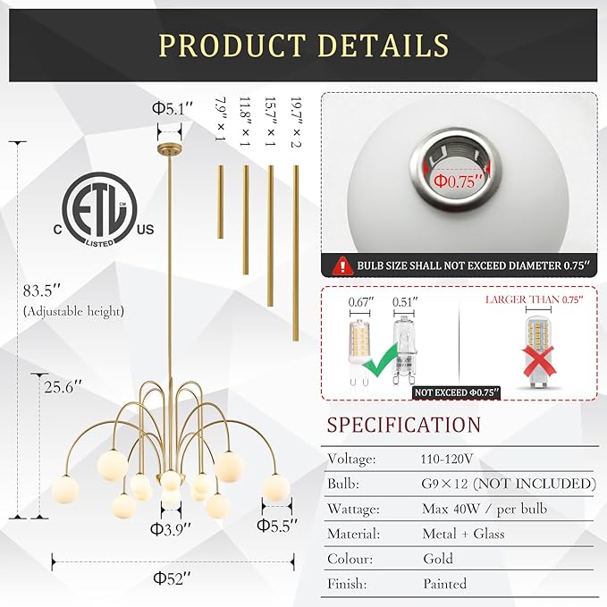 CATINER Large Sputnik Chandeliers 12 Lights Modern Gold Chandelier for High Ceiling L52” Mid Century Ceiling Pendant Light Fixtures with Milk Glass Globe Shades for Living Dining Room Foyer Staircase