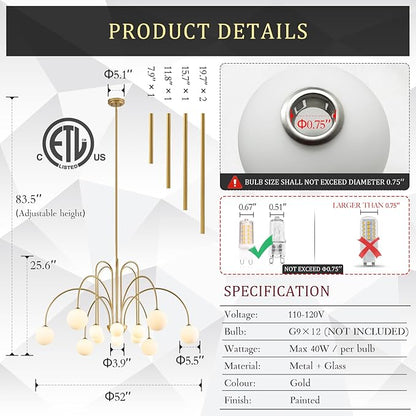 CATINER Large Sputnik Chandeliers 12 Lights Modern Gold Chandelier for High Ceiling L52” Mid Century Ceiling Pendant Light Fixtures with Milk Glass Globe Shades for Living Dining Room Foyer Staircase