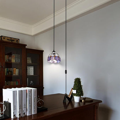 HuisMier Tiffany Style Plug in Pendant Light, 15 Feet Cord Stained Glass Hanging Lamp with Dimmable On Off Switch, Vintage Swag Ceiling Lamp for Dining Room Living Room Bedroom, 7.9" Width
