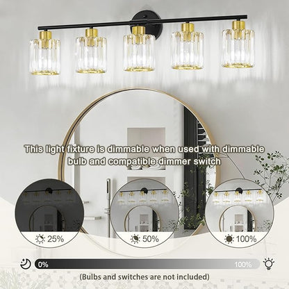 Crystal Bathroom Light Fixtures, Bathroom Lighting Fixtures Over Mirror, Modern Black Gold 5-Light Vanity Lights for Mirror,Restroom, Bedroom (Ceramic E26 Socket,Bulbs Not Include)