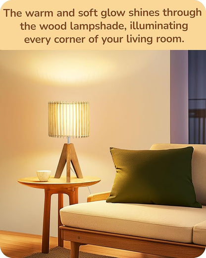 EDISHINE 14.17" Small Table Lamp, Wood Tripod Bedside Lamp, Natural Wood-Colored Hollow & White PVC Shade, E26 Base, Boho Nightstand Lamp for Bedroom, Living Room, Office, Study