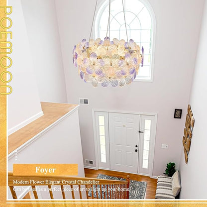 Modern Purple Flower LED Chandelier 20'' Gold Elegant Crystal Lighting for Dining Room Dimmable Ceiling Pendant Light Fixture with Remote Control for Entryway Bedroom Kitchen(3000K-6500K)