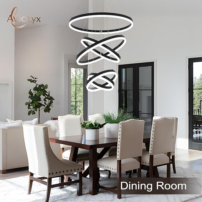 5 Rings Modern LED Chandelier for Foyer, Black High Ceiling Chandeliers Dimmable Pendant Lighting with Remote Control for Dining Room Living Room Staircase(3000K-6500K D23.6)