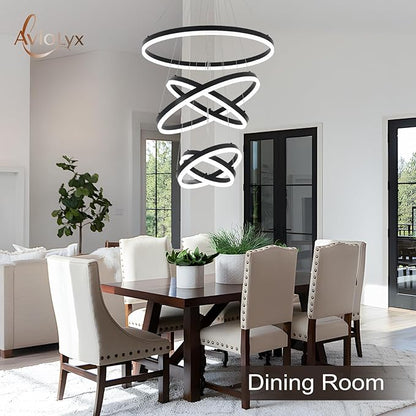 5 Rings Modern LED Chandelier for Foyer, Black High Ceiling Chandeliers Dimmable Pendant Lighting with Remote Control for Dining Room Living Room Staircase(3000K-6500K D23.6)