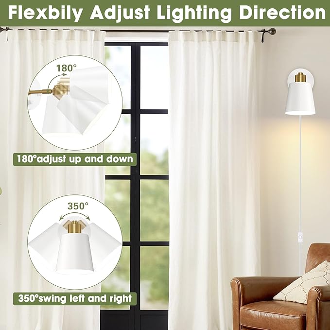 Lomoky Dimmable Wall Sconces Set of 2, Adjustable Angle Wall Lights with Plug in Cord and Dimmer On/Off Knob Switch, Hardwired Indoor White Wall Lamp for Bedside Bedroom Bathroom (2 Bulbs Included)