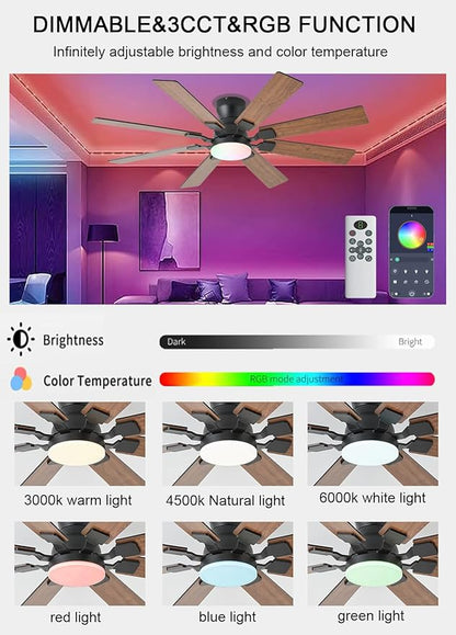 JSAITEE 52 inch Ceiling Fan with Light, 6 Speeds Reversible Low Profile Ceiling Fan with Light and Remote/APP Control, 3 Color Temp+Dimmable RGB, 8 Blades, Flush Mount Quiet Ceiling Fans, Brown