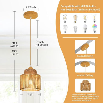2 Pack Boho Rattan Pendant Light Kitchen Island,Farmhouse Chandeliers Adjustable Height Hanging lamp for Dining Room,Kitchen Ceiling Lights Fixtures with Round Woven Wicker Lampshade Lighting