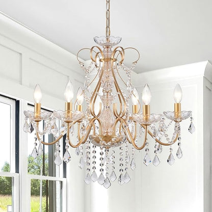 AGV LIGHTING Crystal Chandelier Gold 6-Light Candle Style Chandelier Lighting with Clear Crystal Pendants Elegant Dining Room Chandelier Light Fixture for Bedroom Living Room Foyer