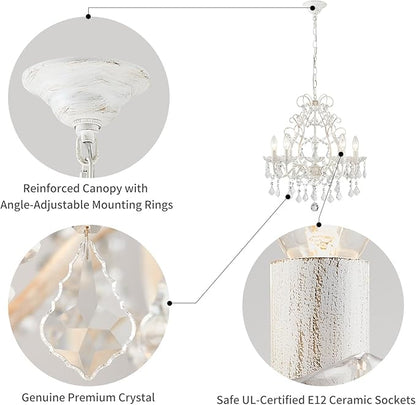 WUZUPS 5-Light Crystal Candle Chandelier Pendant Ceiling Light Modern Lighting Fixture for Bedroom Hallway Bar Kitchen Bathroom, H 23.2" W 20.7", E12 Base, Rustic White