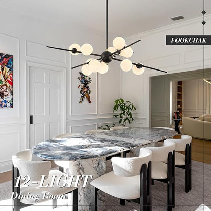 Large Black Sputnik Chandelier 39in 12-Light Frosted Glass Chandelier Light Fixture Mid-Century Modern Molecular Chandeliers for Living Room Dining Room Foyer Kitchen Bedroom