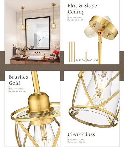 Brushed Gold Pendant Lights Kitchen Island 3 Pack, Glass Kitchen Pendant Lighting Over Island with Rod, Modern Mini Hanging Light for Kitchen Sink Dining Room, CH9176BG-3PK